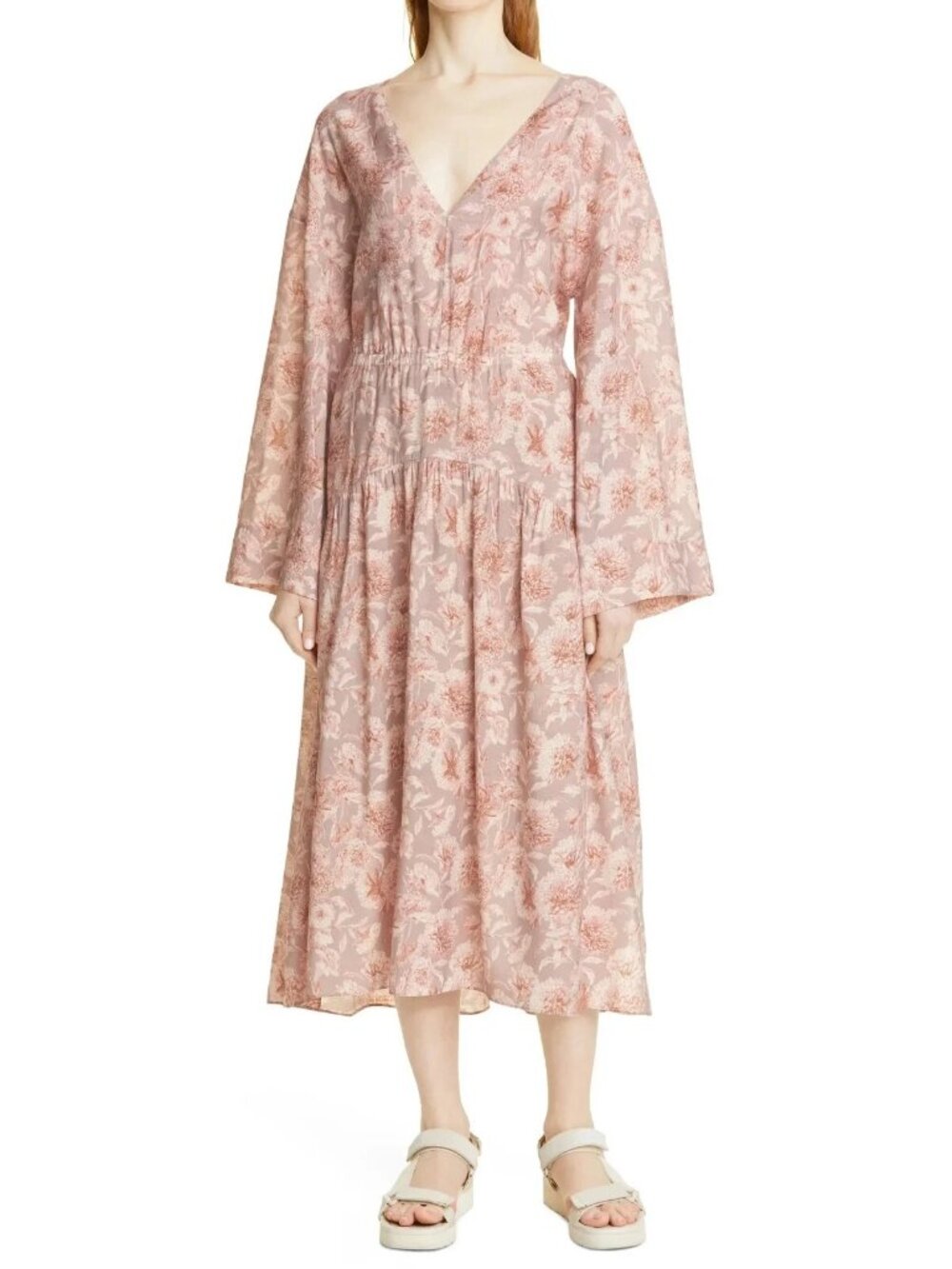 Vince Womens Dress Lotus Shell Dahlia Print Back Cut Out Double V Midi XS /674